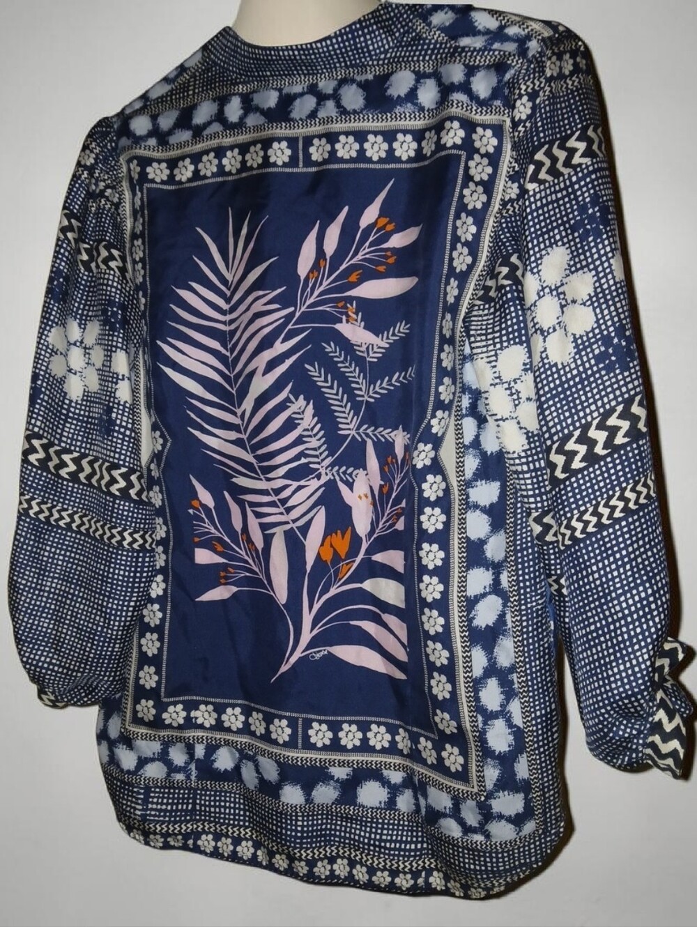 Diane Von Furstenberg Navy Floral Silk Shirt with Pink and Orange Accents Size 6